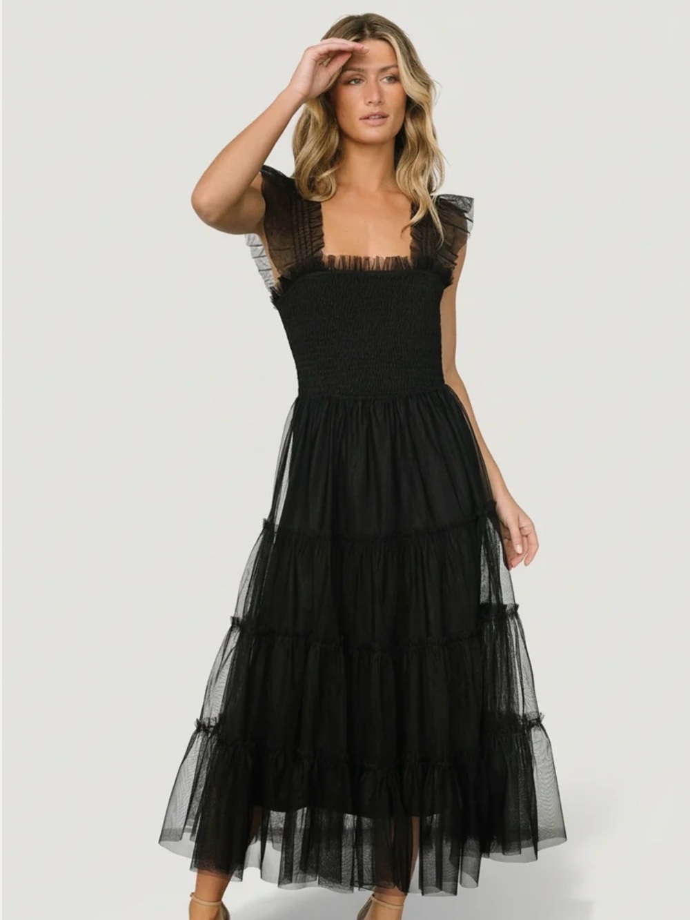 Baltic Born Emma Black Midi Tiered Tulle Dress with Ruffle Straps
